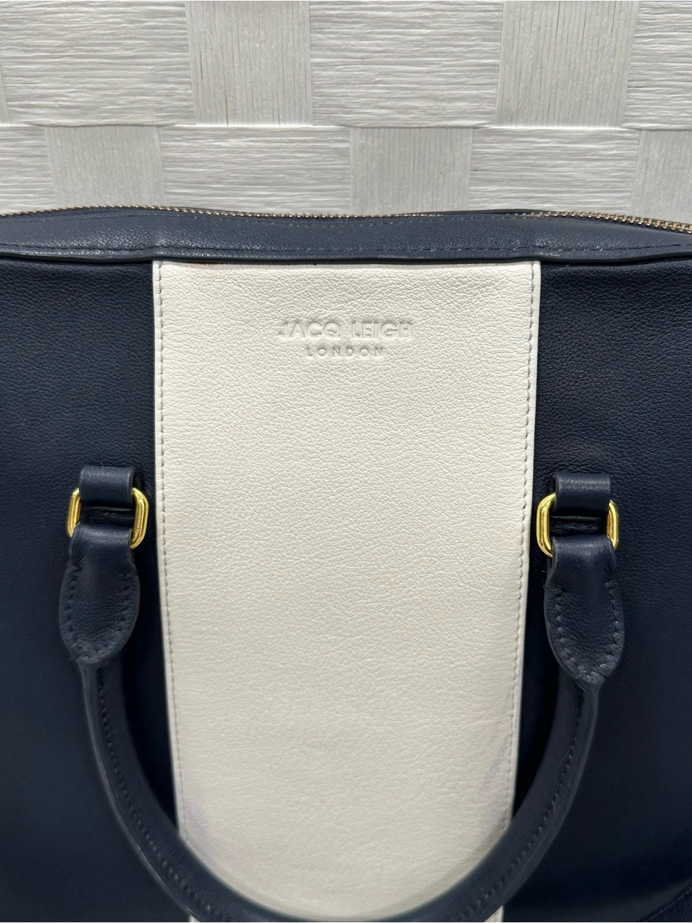 Jacq Leigh London Navy White Leather Satchel Crossbody Bag Gold Hardware Laptop